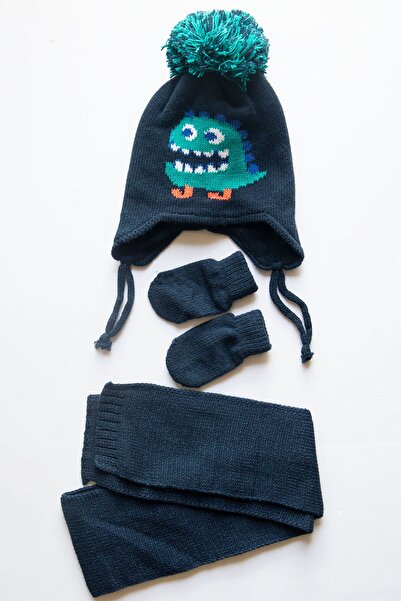 Mika Bebek & Çocuk Dinozor Desenli 0-18 Ay Erkek Bebek Lacivert Şapka, Atkı, ...
