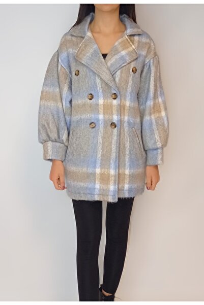 OYYA Women's Blue Lined Balloon Sleeve Coat Yy100944