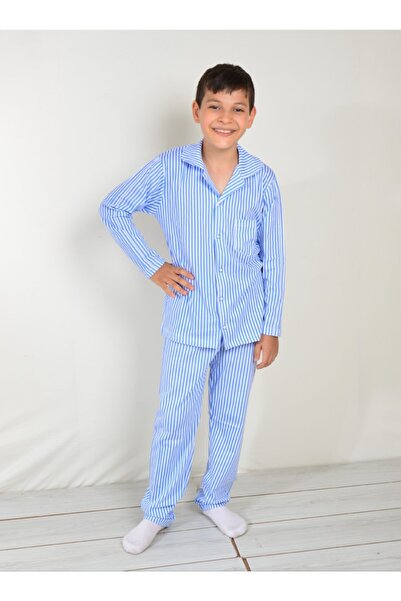 BEKA Erkek Çocuk Mavi Önden Düğmeli Çizgili Pijama Takımı