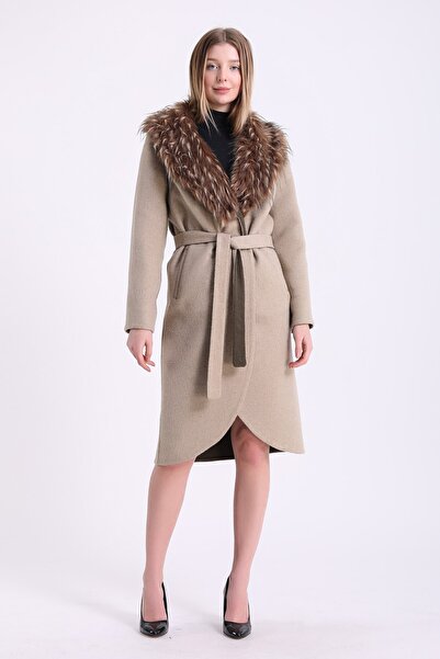 Leather Club Bej Merino Kürk Aksesuarlı Kaşmir Kaban