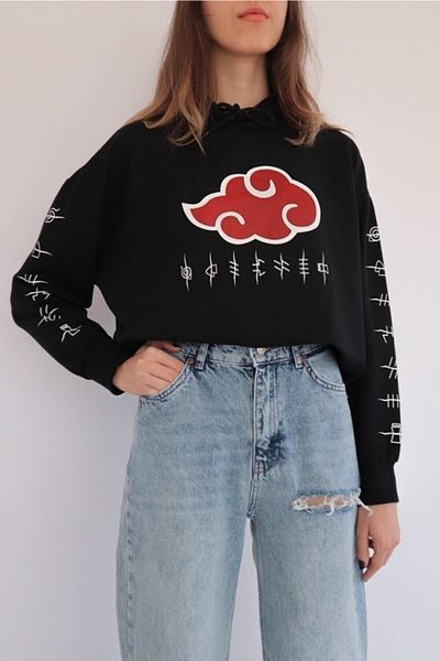 AlpCollection Hanorac din bumbac cu glugă neagră Naruto Anime Akatsuki Uchiha