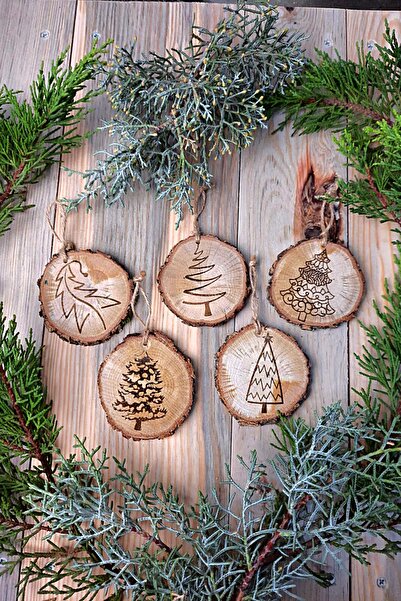 Alyones 5'li Set Noel Ağacı Süsleri Ahşap Süsler Yılbaşı Kar Tanesi Dekor Süs...