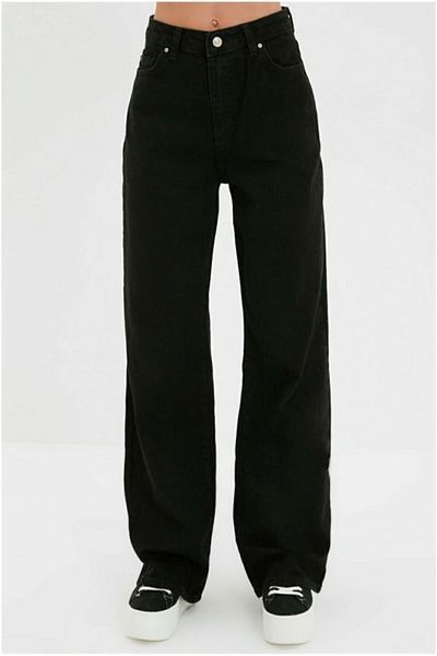 Trn JNS Pantaloni Palazzo cu blugi largi din Lycra neagră cu talie super înaltă. (SUPER ÎNALT.) Picior lat.