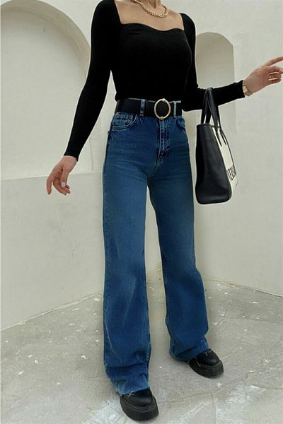 Trn JNS Pantaloni Palazzo de blugi largi din lycra albastru mediu cu talie super inalta. (SUPER ÎNALT) Picior lat
