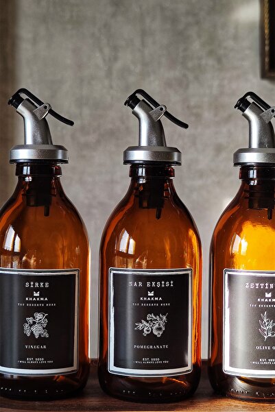 KHAKMA Oval Wooden Stand Amber Olive Oil Pomegranate Syrup Vinegar Bottle Oil Pot Set of 3 300ml Sm3ç-st