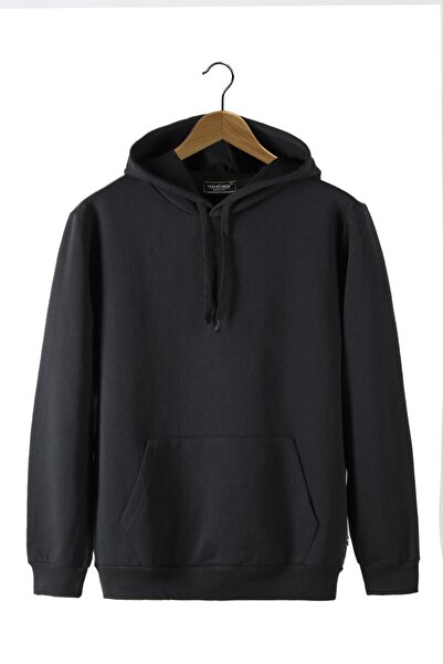 VEAVEN Erkek Siyah Kapüşonlu Kanguru Cepli Basic Sweatshirt