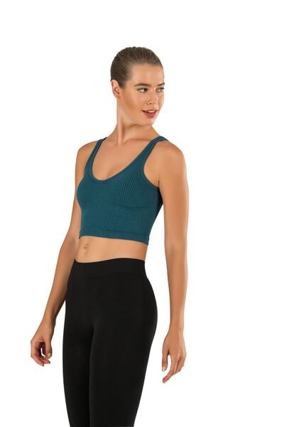 MODANTY Women's Petrol Green Modal Crop Top Bustier Gathering Seamless Seamless Knitted Thick Strap