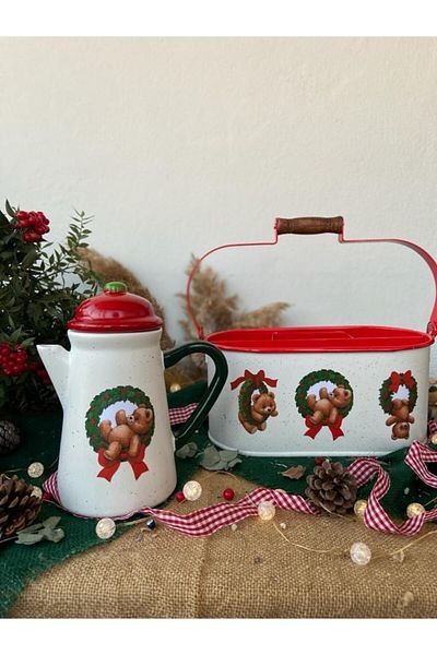 Handmadesign New Year's Themed Picnic Set - Wreathed Teddy Bears, Galvanized Compartment Ceramic Jug