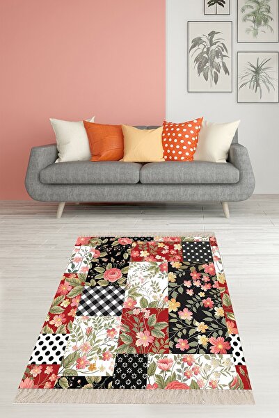 on the clouds Patchwork Desenli Güllü Çiçekli Yıkanabilir Kaymaz Taban Leke T...