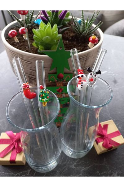 CAM TASARIM New Year's Figured Glass Straws Set of 4