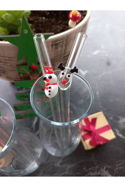 CAM TASARIM New Year's Figured Glass Straws Set of 4