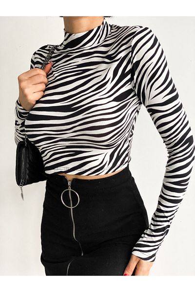 ladyzey Women's Zebra Printed Turtleneck Crop Body