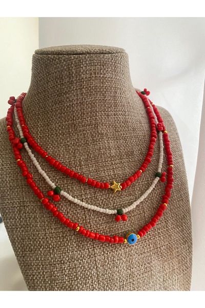 Lucky Designs قلادة مجموعة ثلاثية حمراء