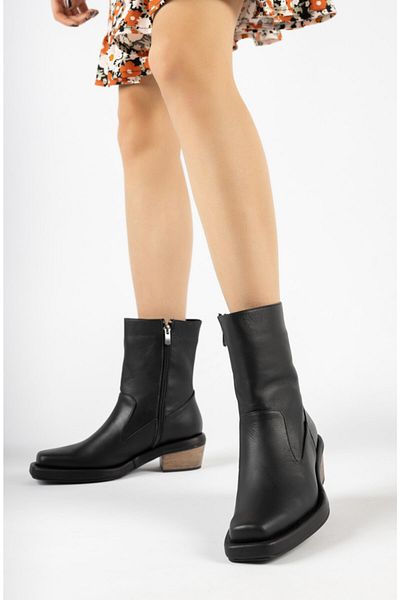 PASSAGE SHOES 5067 Γυναικείες μπότες με φερμουάρ από γνήσιο δέρμα μαύρο δέρμα