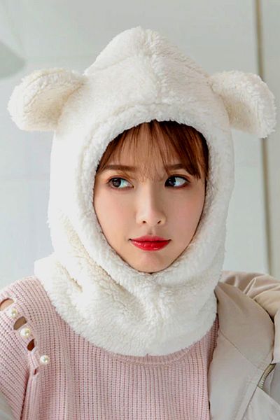 Bundera Wig Women's Plush White Beanie Balaclava Neck Collar Thermal Welsoft Teddy Bear Fleece Scarf Windproof