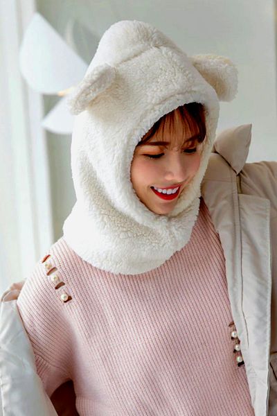 Bundera Wig Women's Plush White Beanie Balaclava Neck Collar Thermal Welsoft Teddy Bear Fleece Scarf Windproof