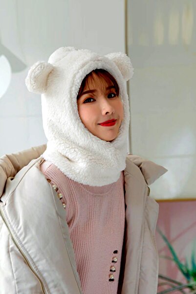 Bundera Perucă pentru femei, căciulă albă de pluș, mască de zăpadă, guler pentru gât, termică, Welsoft, ursuleț de pluș, eșarfe rezistente la vânt