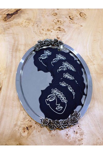 Tanem Home Black Face Pattern Set of 6 Coasters, Cocktails and Presentation Napkins New Year