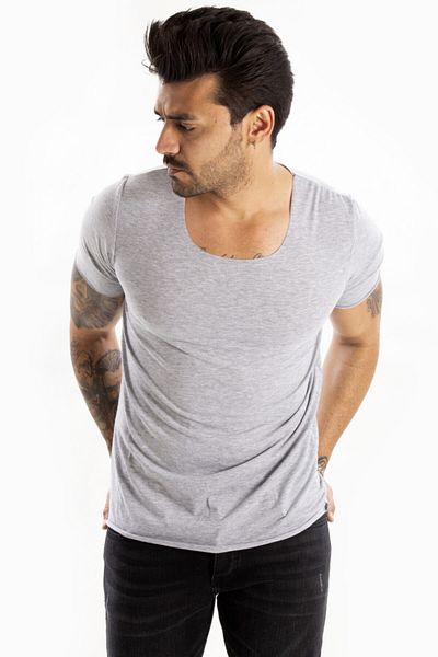 DeepSEA Γκρι μπλουζάκι με φαρδύ γιακά Lycra Οβάλ γιακά Slim Fit Φούστα Οβάλ μπλουζάκι με ανοιχτό γιακά 1801199