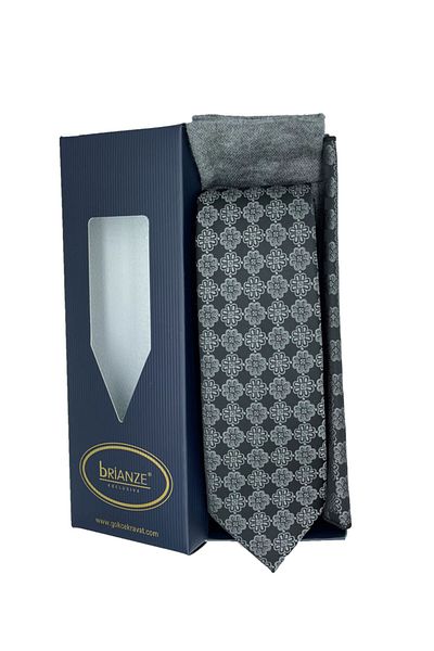 Brianze Gray Motif Pattern Tie Handkerchief Socks Gift Set