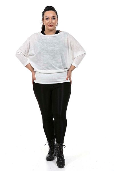DISENTIS MODEST Plus Size Boat Neck Bat Sleeve Flame White Blouse with Skirt Wide Band