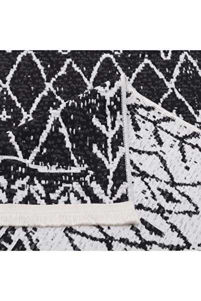 Mariesse Home Mistik Desenli Siyah Beyaz Çift Taraflı Pamuk Dokuma Kilim