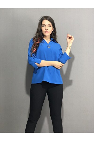 AYHAN Women's Blue Buckle Crepe Blouse