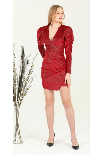 ky butikkk Kadın Kırmızı Kruvaze Yaka Abiye Elbise