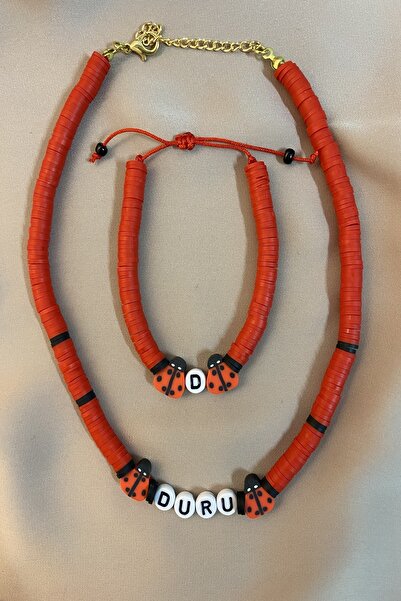 Karlay Çocuk Isimli Kırmızı Fimo Boncuk Kolye Bileklik Seti