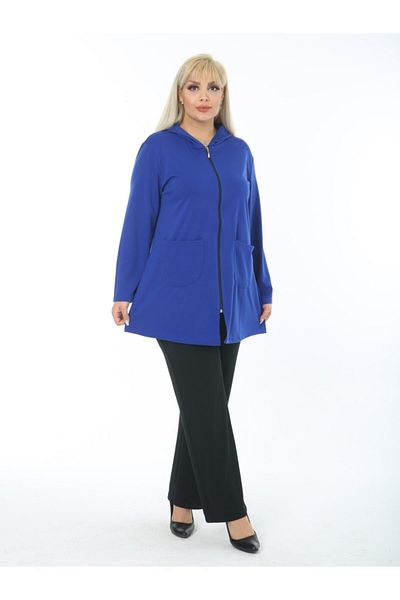 LİKRA Women's Blue Hooded Pocket Zippered Steel Interlock Cardigan