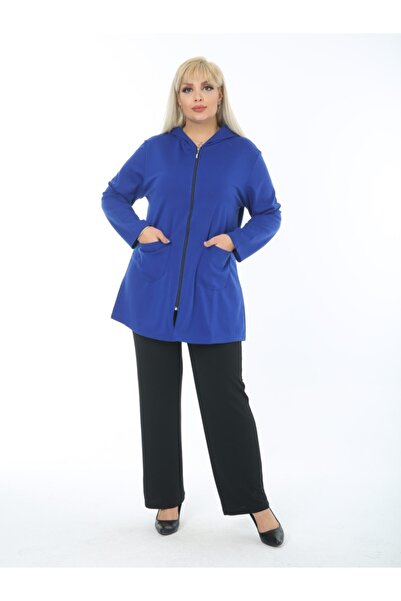 LİKRA Women's Blue Hooded Pocket Zippered Steel Interlock Cardigan