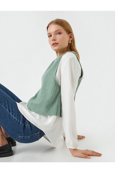 Koton Double Fabric Crew Neck Blouse
