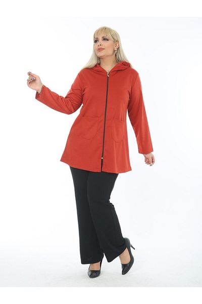 LİKRA Women's Orange Large Size Hooded Pocket Zippered Steel Interlock Cardigan