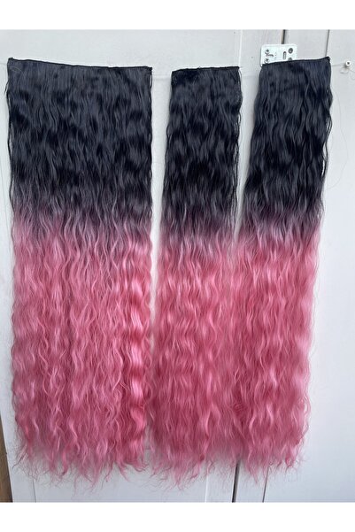 Yeni Siyah Pembe Afro Dalgalı Uzun Yarım Ay Saç – 3 Parça Çıt Çıt 80cm. 270 Gr. Vıp Serı