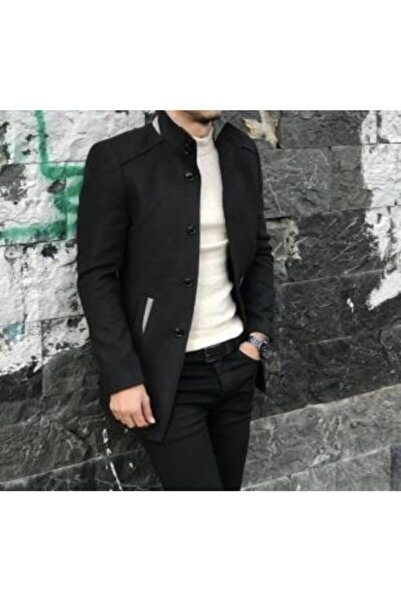 leonmen معطف رجالي من الصوف باللون الأسود مع طية صدر السترة وتفاصيل الجيب