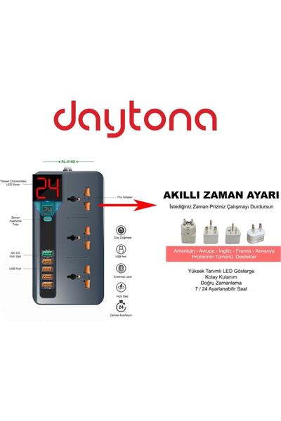Daytona Rl-316d Akıllı Priz Termal Akım Ve Isınma Korumalı 5 Usb 5v-3.4a Qc3....