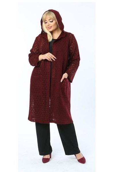 MODASTRO Burgundy Hooded Openwork Long Cardigan