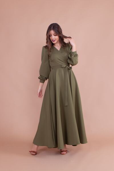 Bidoluelbise Women's Khaki Double Breasted Collar Belted Maxi Length Dress