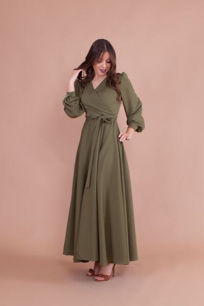 Bidoluelbise Women's Khaki Double Breasted Collar Belted Maxi Length Dress