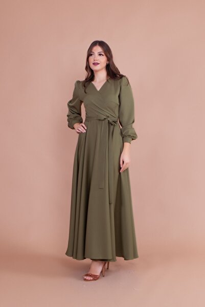 Bidoluelbise Women's Khaki Double Breasted Collar Belted Maxi Length Dress