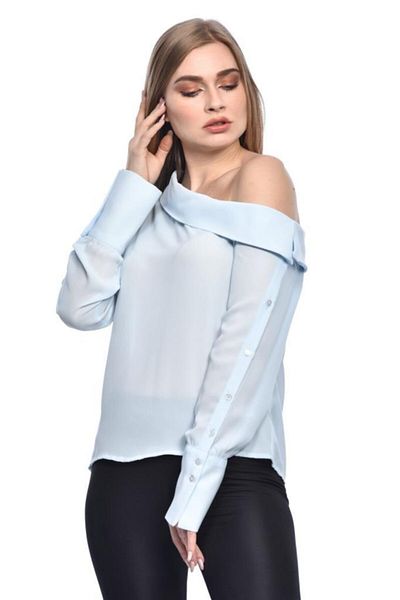 Modkofoni One Shoulder Long Sleeve Baby Blue Women's Blouse