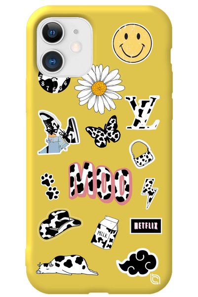 WANNA PROTECT iPhone 11 Yellow Colored Moo Velvet Patterned Silicone Phone Case