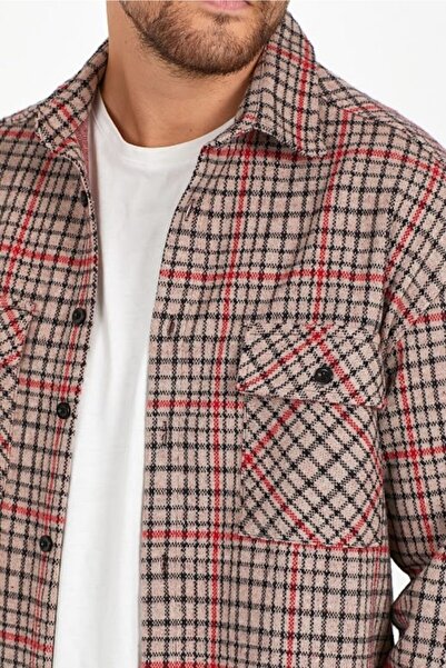 Gavazzi Men's Cream Oversize Long Sleeve Checked Plaid Thick Fabric Lumberjack Shirt