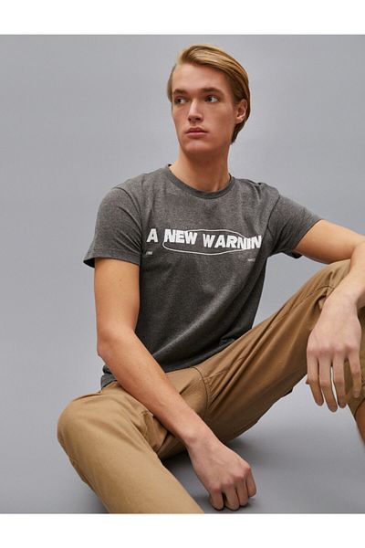Koton Men's Anthracite New Warnin Printed Short Sleeve T-Shirt