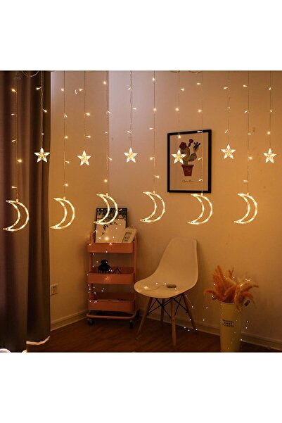 ROBEVE Ay Yıldız Led Işık Yılbaşı Parti Dekorasyon 8 Fonksiyonlu Led Işık Saçak Led Perde Led Işık
