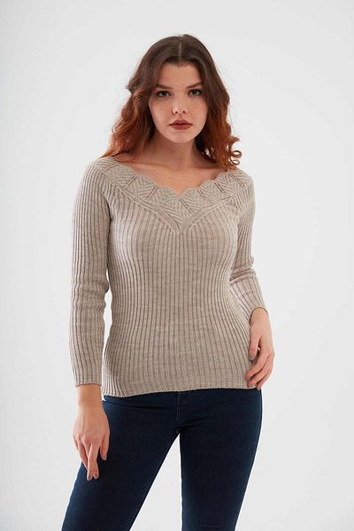 citycenterfashion Culoare piatră pentru femei Guler cu detaliu guipur Tricotaj Pulover Bluză Mărime intermediară Standard Cty-cnd-11903