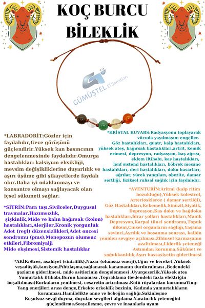 GÜMÜŞTEL EL SANATLARI Certified Special Design Natural Stone Aries Zodiac Bracelet Labradorite K.quartz Aventurine Citrine Agate