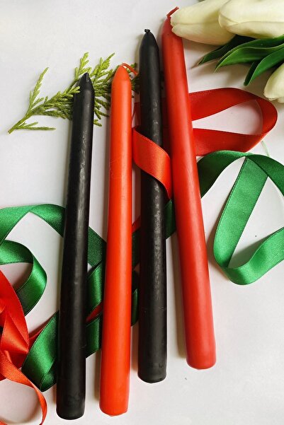 Merka Premium Yılbaşı Özel Siyah + Kırmızı Renk Konik Şamdan Mum - 4'lü Set