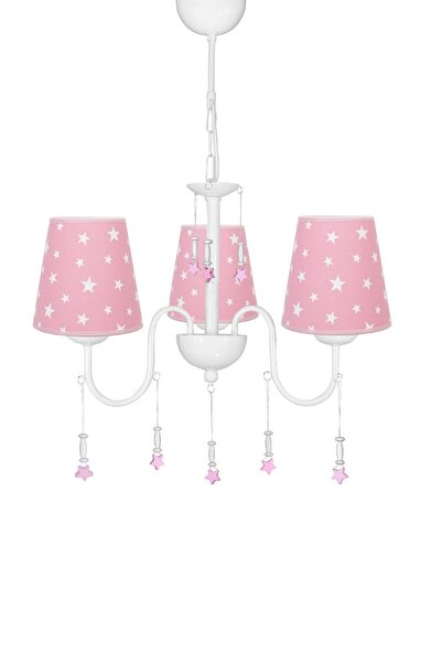 ŞENAY AYDINLATMA Çocuk Odası 3'lü Kumaş Abajur Avize-pembe Beyaz Yıldız