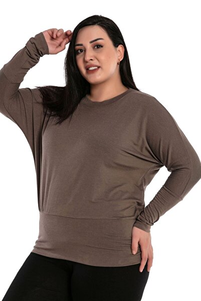 DISENTIS MODEST Στρογγυλή λαιμόκοψη Μπλούζα μινκ με φαρδιά ζώνη με νυχτερίδα φούστα